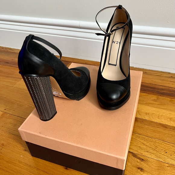 N°21 Black Suede And Leather Block Heel Ankle Strap Pumps Size 37 - Picture 5 of 16
